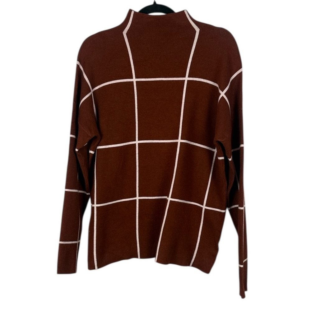 Cynthia Rowley Windowpane Plaid Rust Brown White Grid Lines Mock Neck Sweater